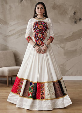 Off White Rayon Cotton Embroidered Mirror Work Indo Western For Garba Queen