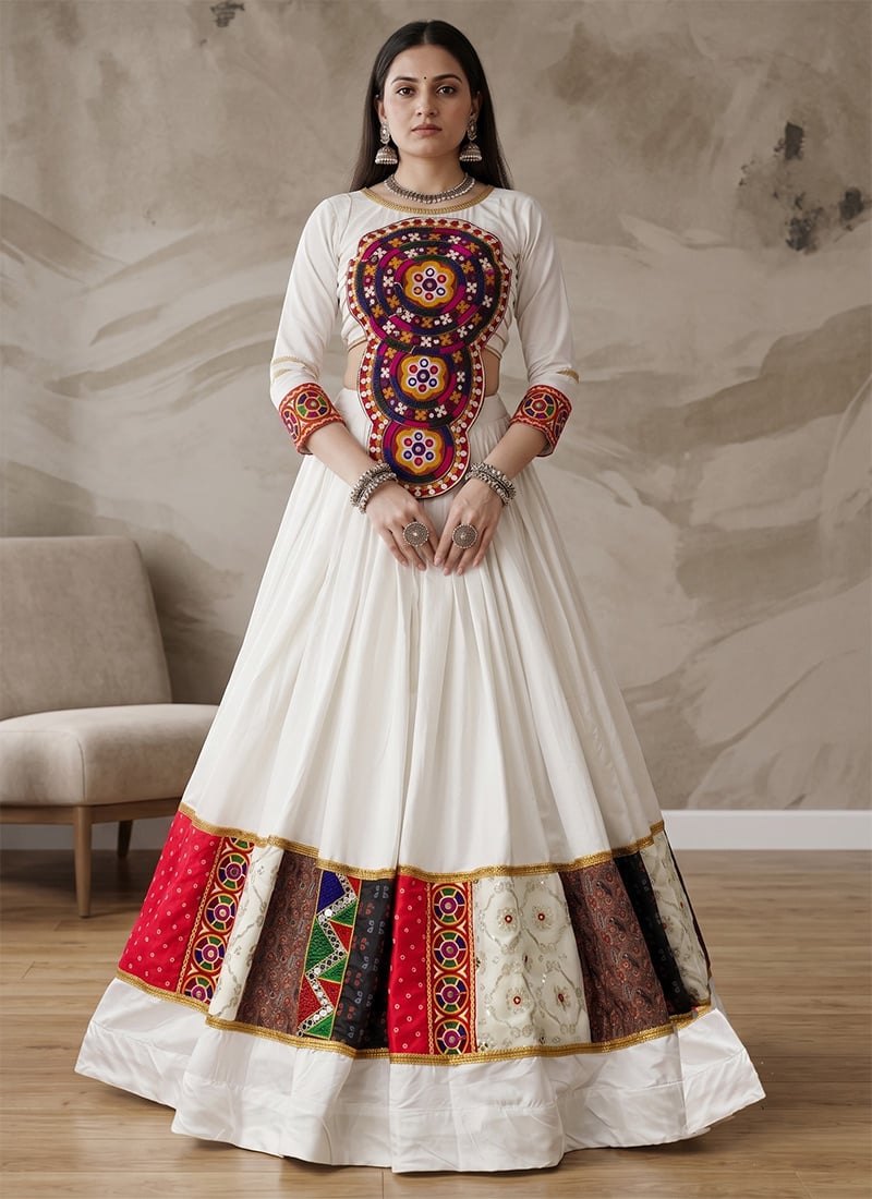 Off White Rayon Cotton Embroidered Mirror Work Indo Western For Garba Queen Festive Wear