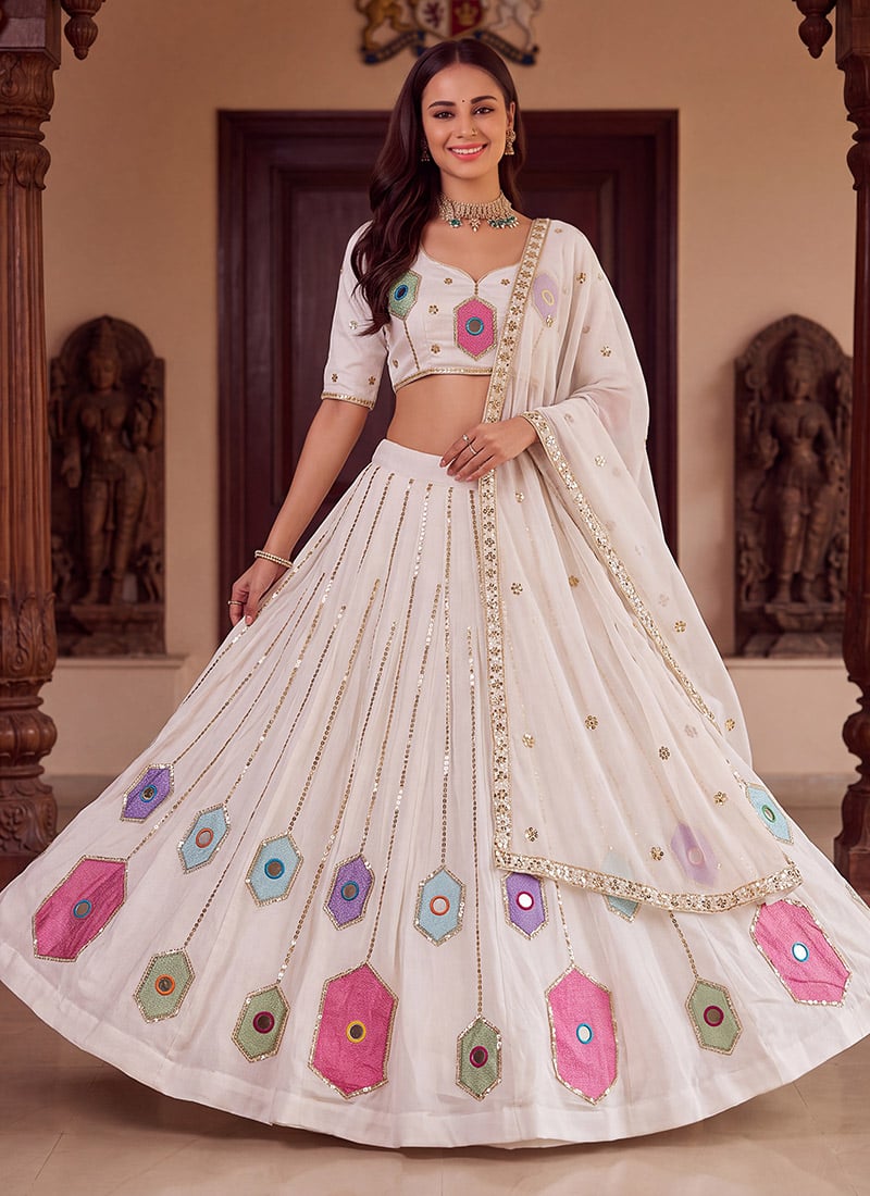 Off White Rayon Embroidered Hand Mirror Work Lehenga Festive Wear