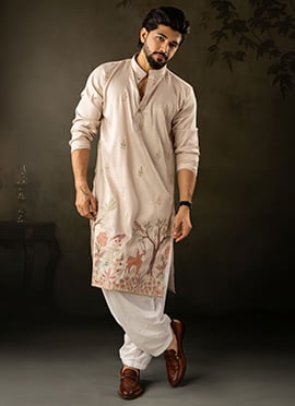 Off White Rayon Embroidered Kurta Pyjama For Men