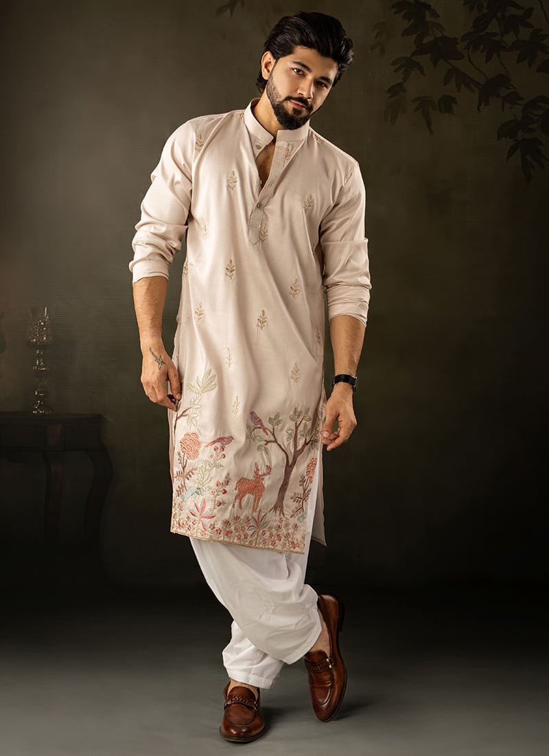 Off White Rayon Embroidered Kurta Pyjama For Men Festive Wear
