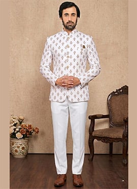 Off White Rayon Jacquard Jodhpuri Suit For Men