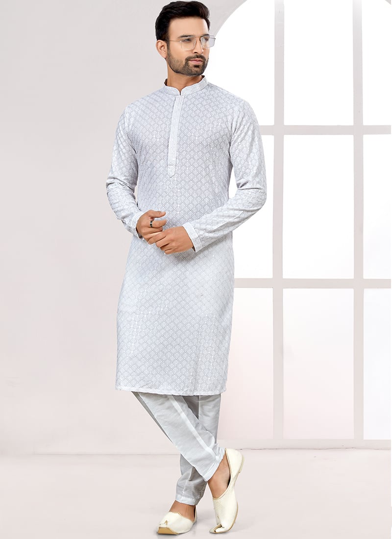Off White Rayon Lucknowi Thread Embroidered Sequins Kurta Pyjama Festive Wear