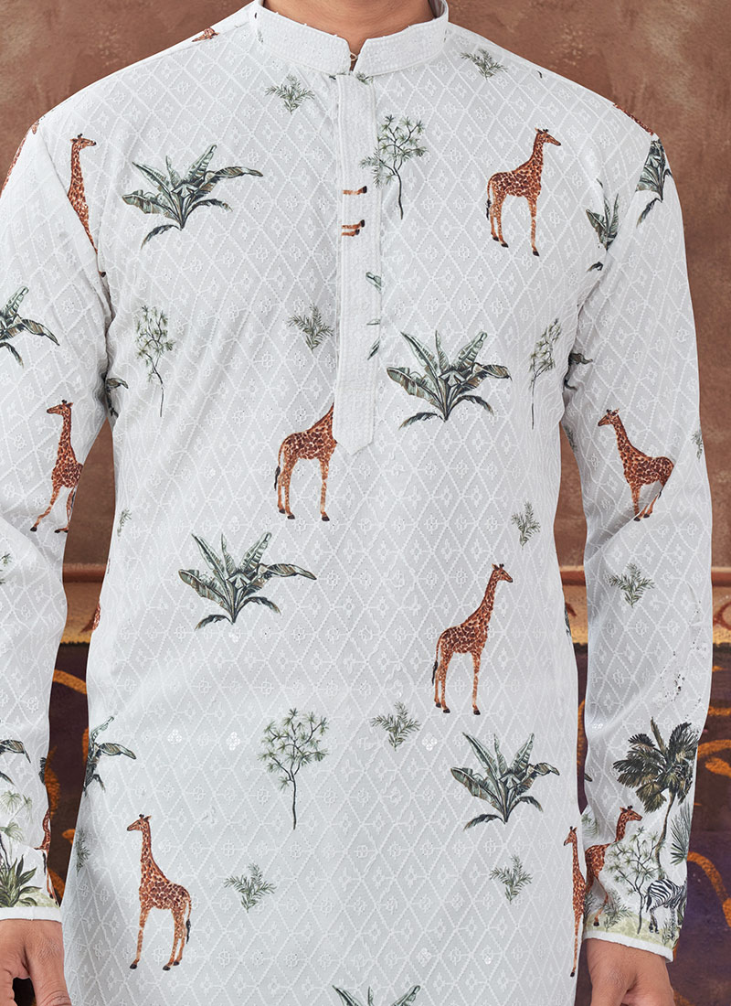 Off White Kurta Pure Jecquared Print Payjama main image 1