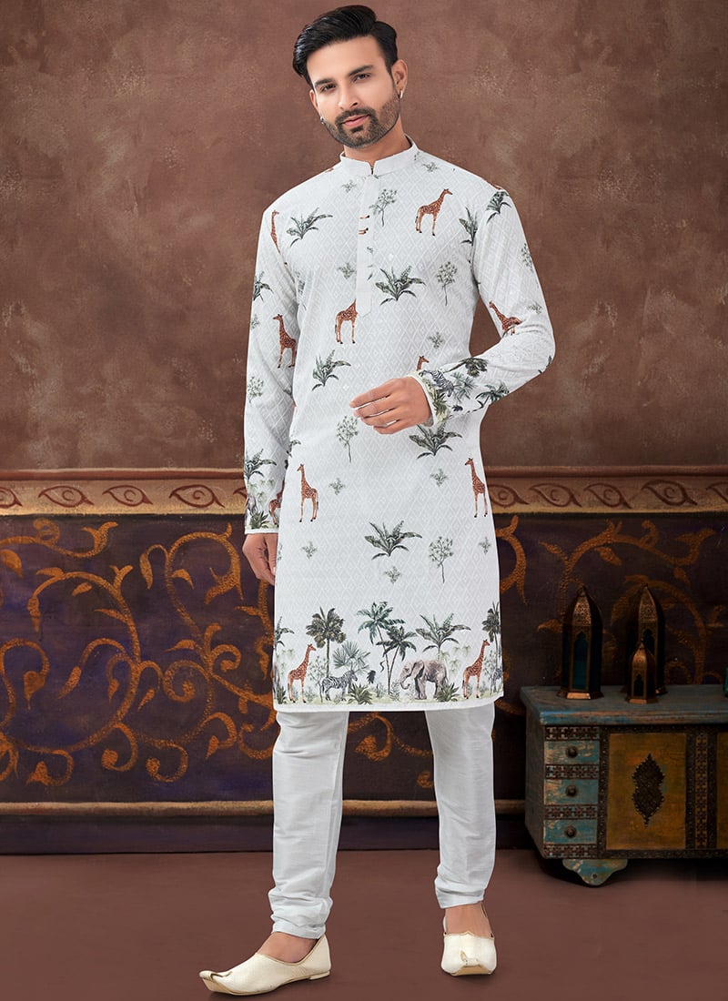 Off White Rayon Thread Digital Print Kurta Pyjama Festive Wear