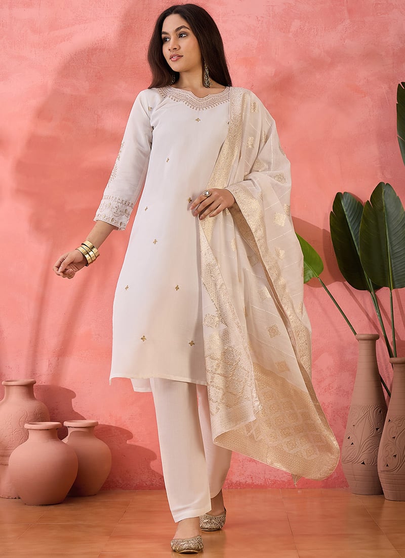 Off White Roman Silk Embroidered Straight Pant Suit With Jacquard Dupatta Festive Wear