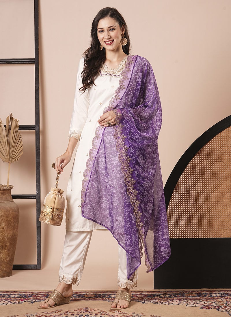 Off White Roman Silk Embroidered Straight Pant Suit With Printed Dupatta