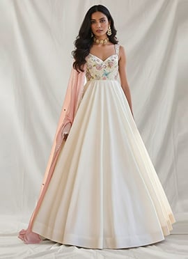 Off White Satin Beads And Sequins Work Anarkali Suit