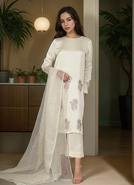 Off White Satin Blend Hand Embroidered Sequins Zari Straight Pant Suit