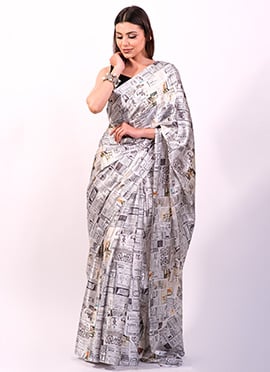 Off white Satin Blend Printed Saree