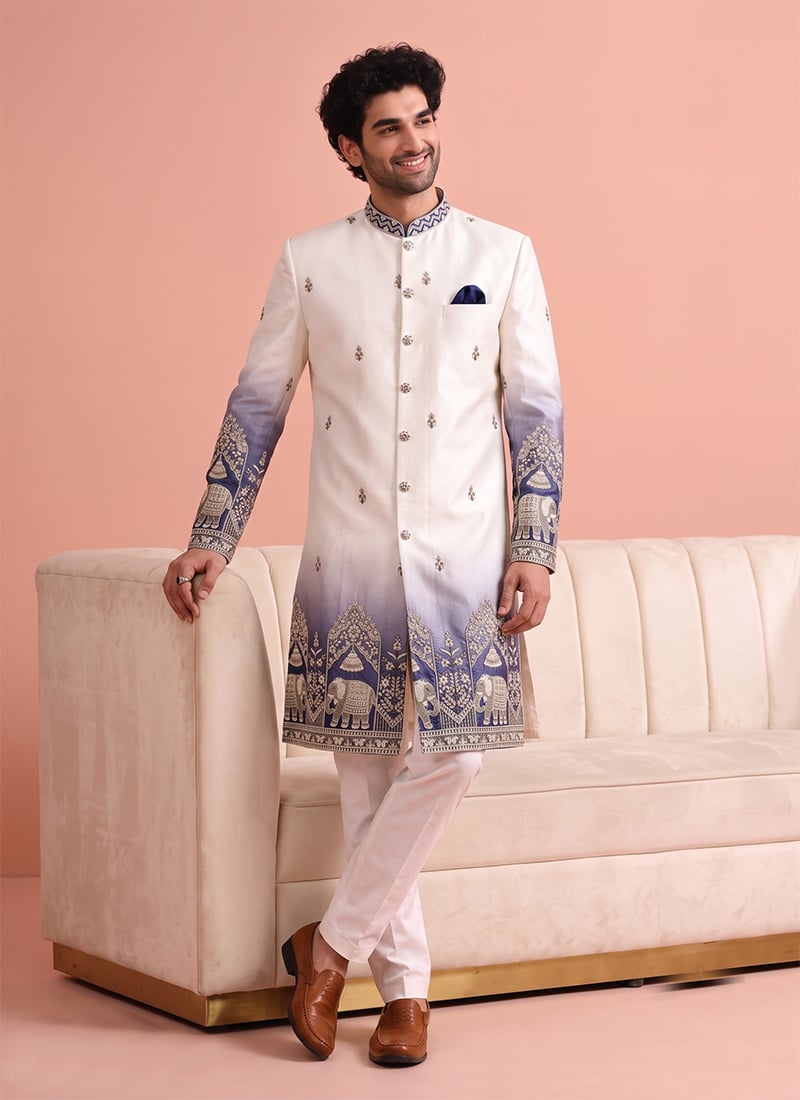 Off White Satin Embroidered Classic Sherwani with Blue Detailing for Men Wedding Wear