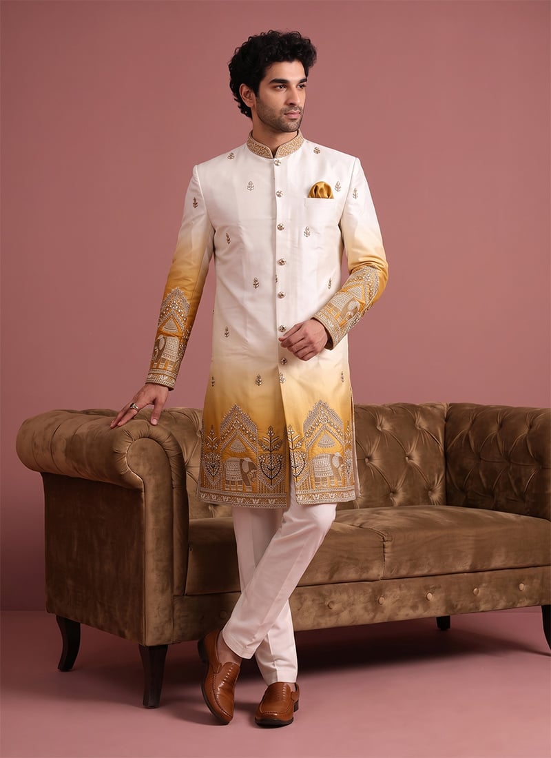 Off White Satin Embroidered Classic Sherwani with Gold Detailing for Men Wedding Wear