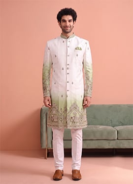 Off White Satin Embroidered Classic Sherwani with Green Detailing for Men