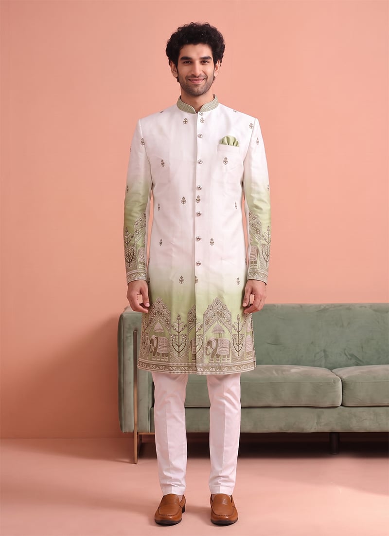 Off White Satin Embroidered Classic Sherwani with Green Detailing for Men Wedding Wear