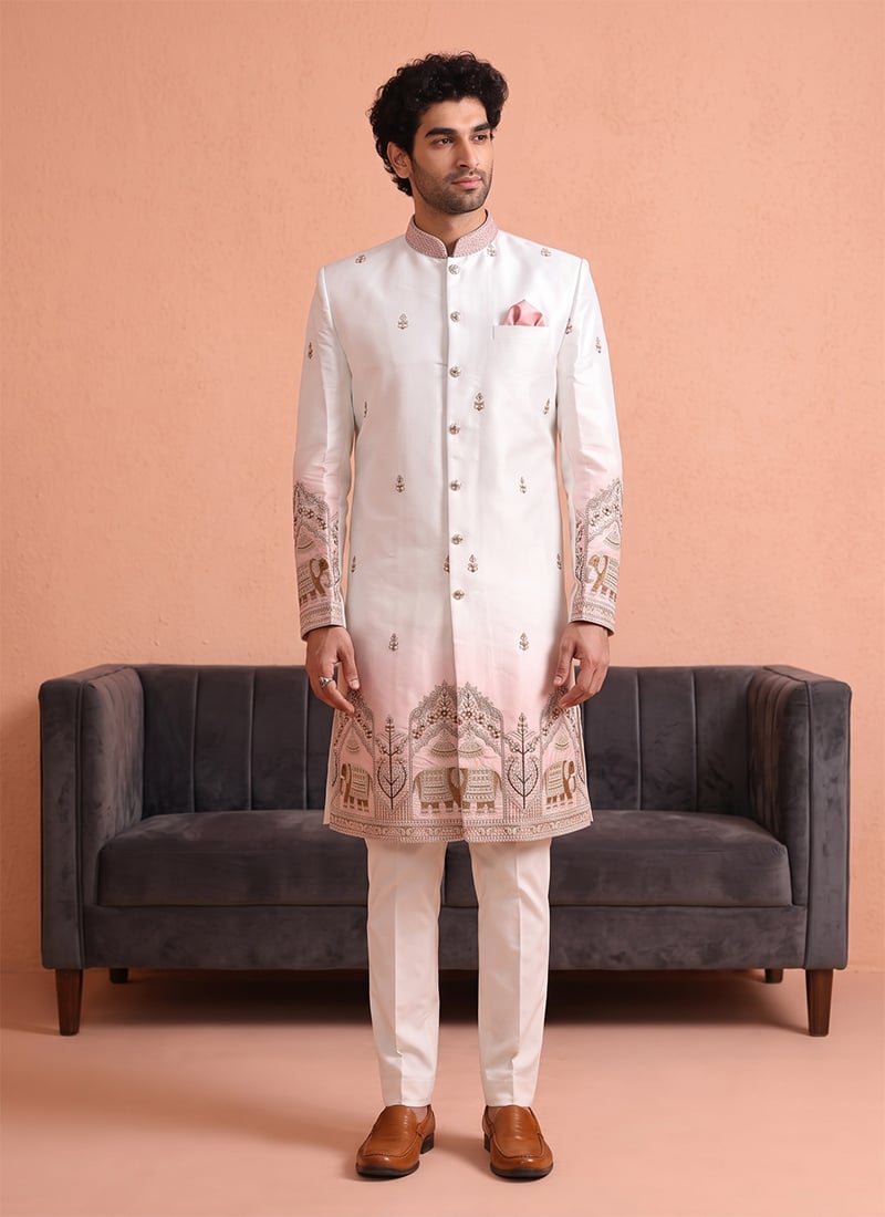 Off White Satin Embroidered Classic Sherwani with Pink Detailing for Men Wedding Wear
