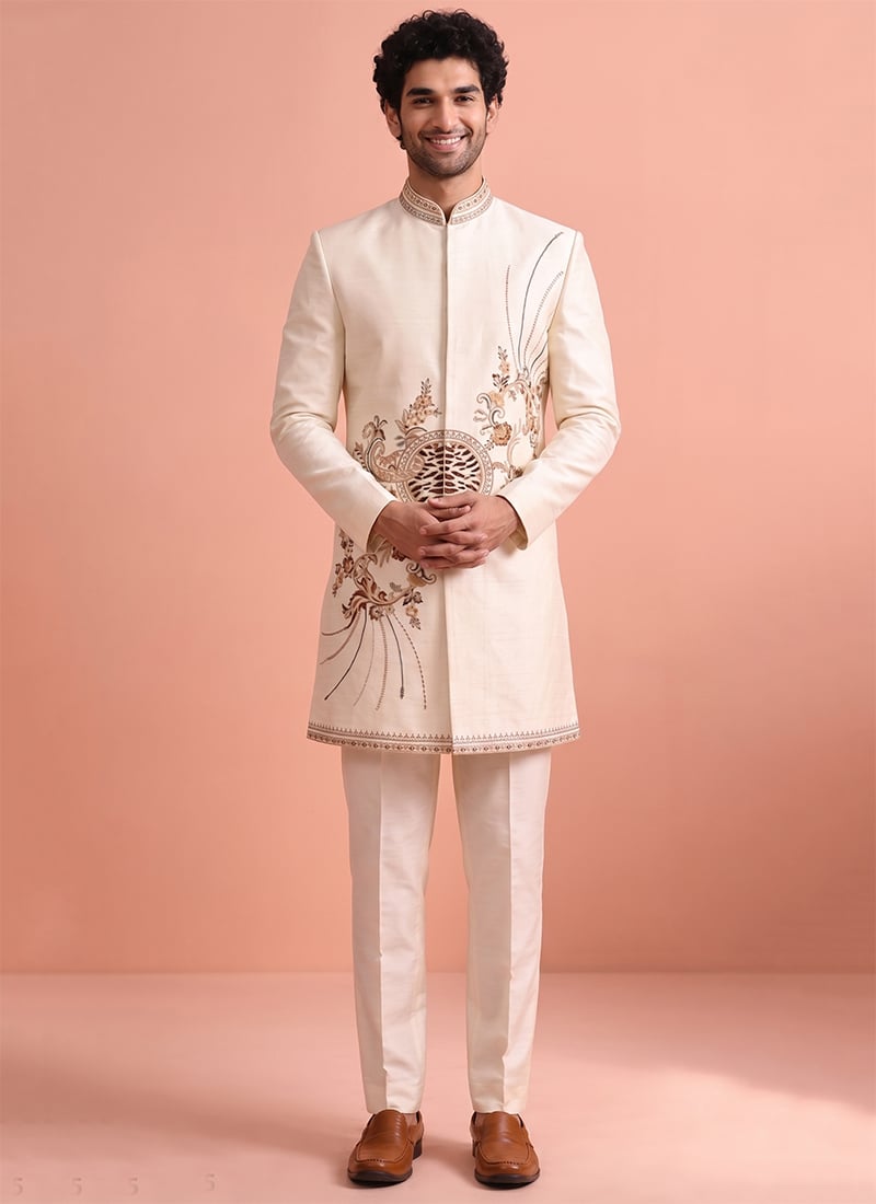 Off White Satin Embroidered Indowestern Sherwani For Men Wedding Wear