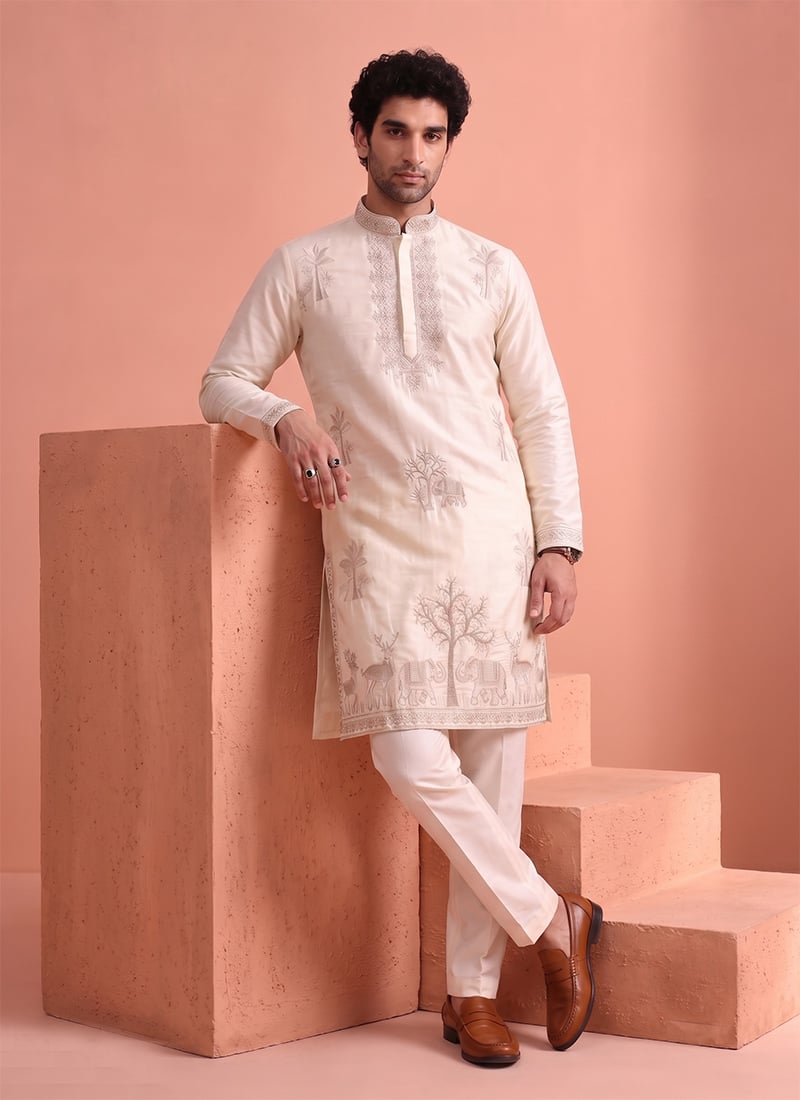Off White Satin Embroidered Kurta Pyjama For Men Festive Wear