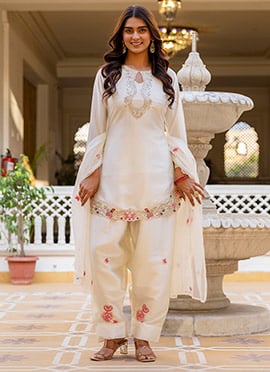 Off White Satin Embroidered Sequins Straight Pant Suit