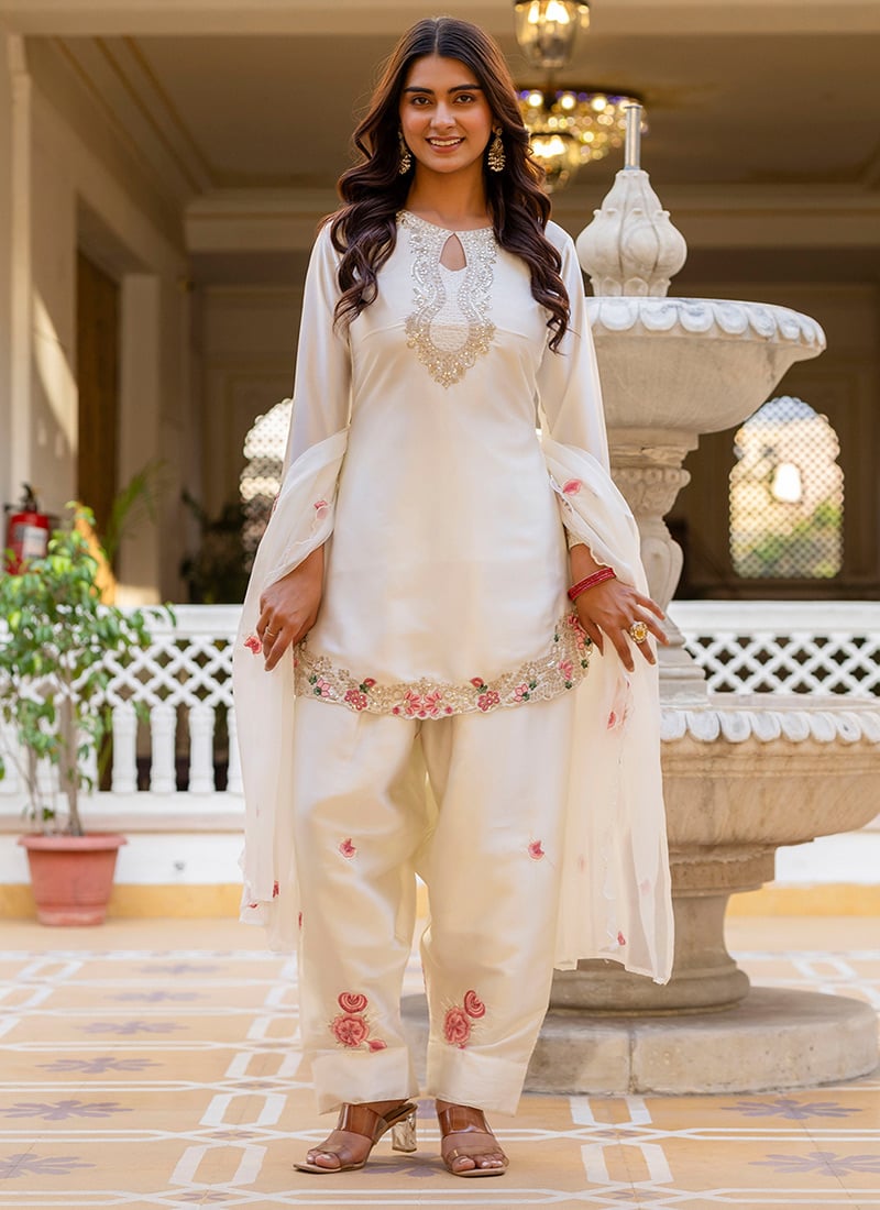 Off White Satin Embroidered Sequins Straight Pant Suit Festive Wear