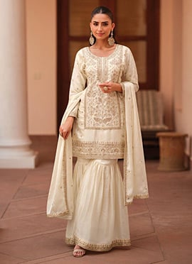 Off White Satin Embroidered Zari Sequins Sharara Suit