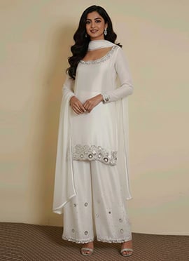 Off White Satin Georgette Zari Sequins Palazzo Suit
