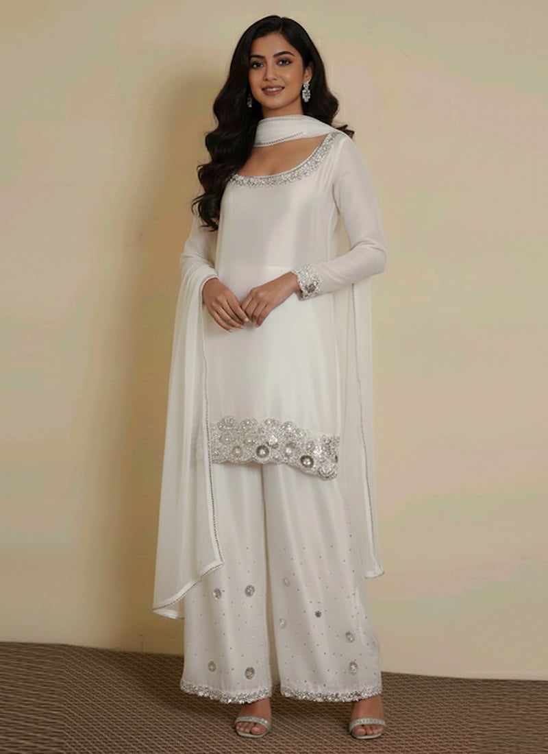 Off White Satin Georgette Zari Sequins Palazzo Suit Festive Wear
