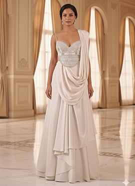 Off White Satin Hand Embroidered Sequins Lehenga