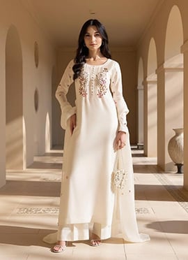 Off White Satin Hand Embroidered Sequins Pakistani Palazzo Suit