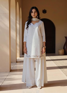 Off White Satin Hand Embroidered Sequins With Moti Work Palazzo Suit
