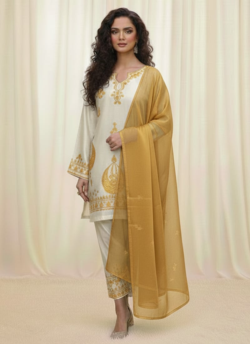 Off White Satin Silk Resham Straight Pant Suit Festive Wear