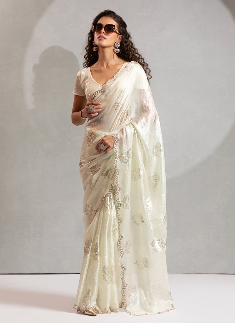 Off White Satin Silk Saree with Zarkan Stones
