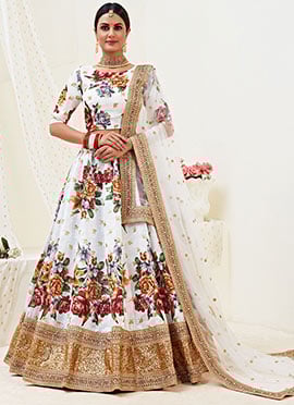 Off White Artsilk Umbrella Lehenga