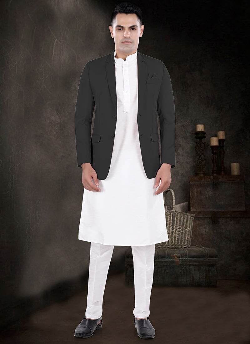 Off White Silk Bandi Set With Black Blazer Festive Wear
