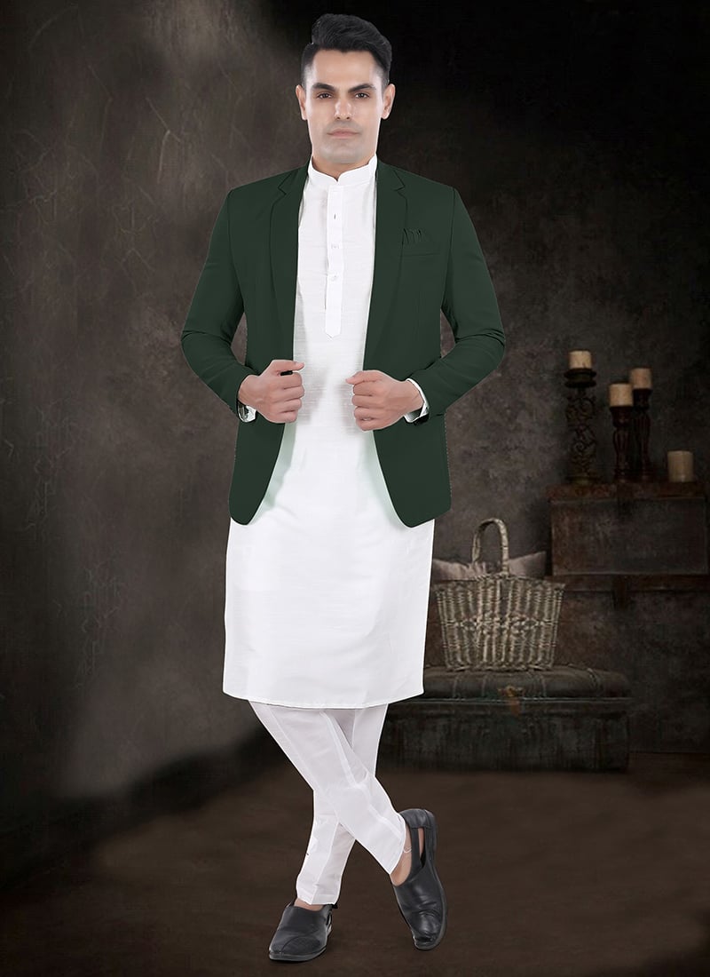 Off White Silk Bandi Set With Bottle Green Blazer Festive Wear