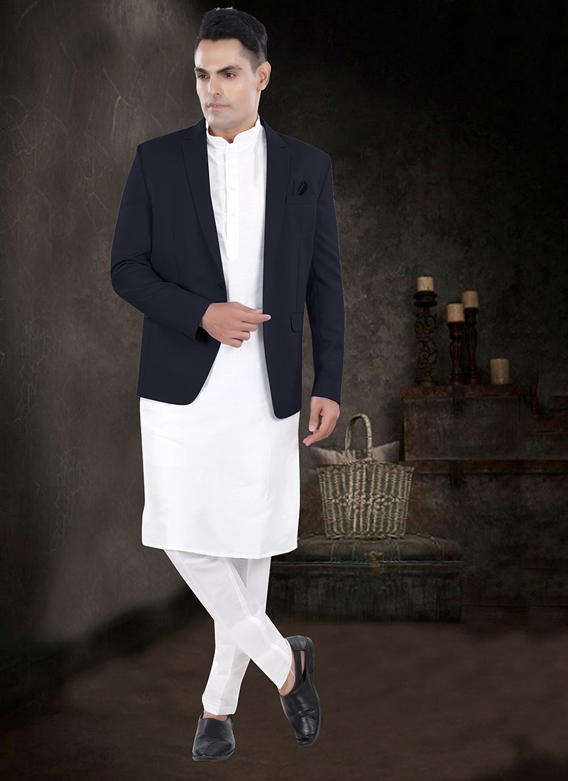 Off White Silk Bandi Set With Navy Blue Blazer Festive Wear
