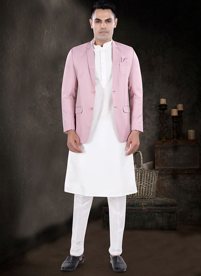Off White Silk Bandi Set With Pink Blazer Festive Wear