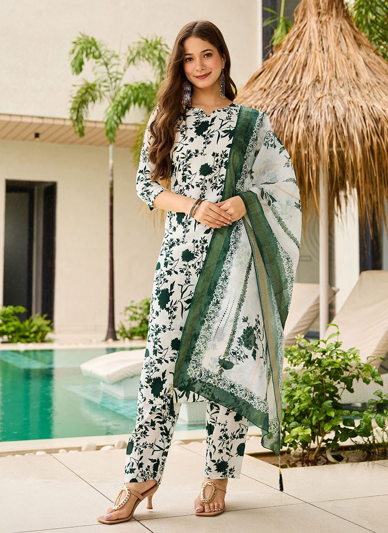 Off White Silk Blend Printed Straight Pant Suit After Six Wear