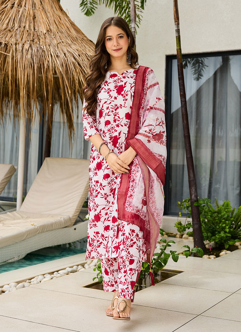 Off White Silk Blend Printed Straight Pant Suit After Six Wear