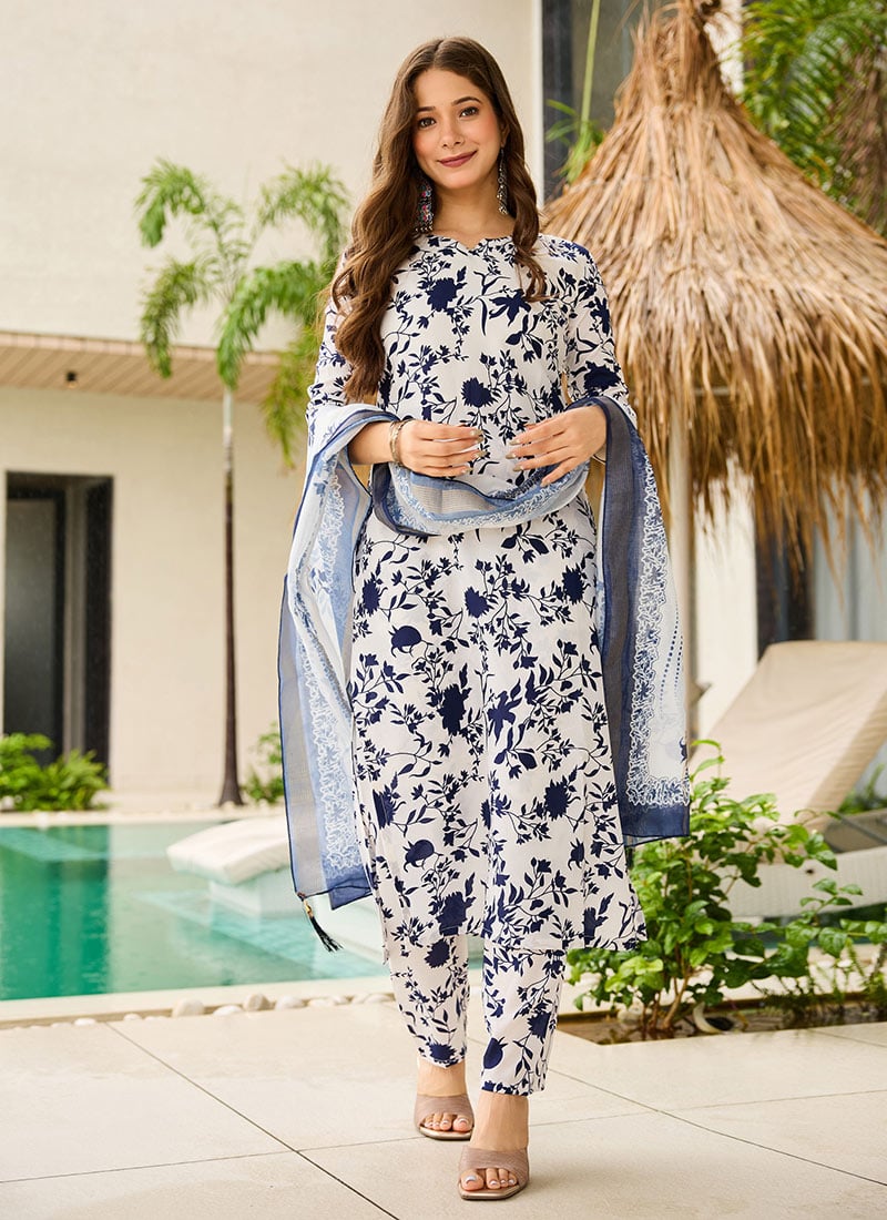 Off White Silk Blend Printed Straight Pant Suit After Six Wear
