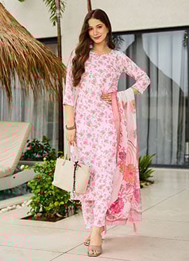 Off White Silk Blend Printed Straight Pant Suit