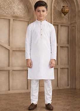Off White Silk Brocade Kids Boys Kurta Pyjama