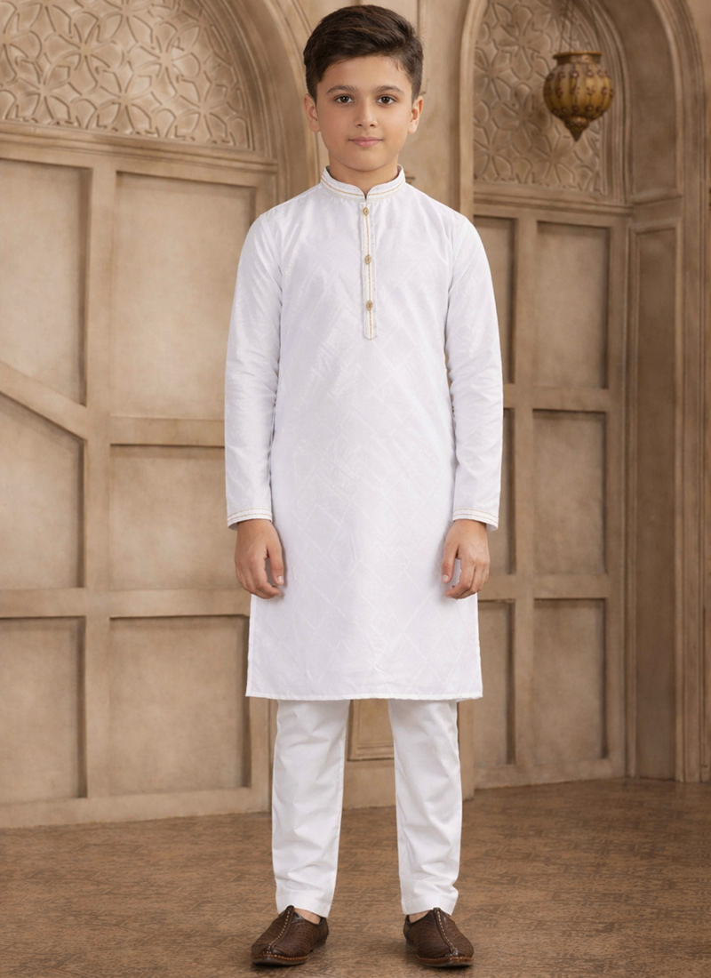 Off White Silk Brocade Kids Boys Kurta Pyjama Festive Wear