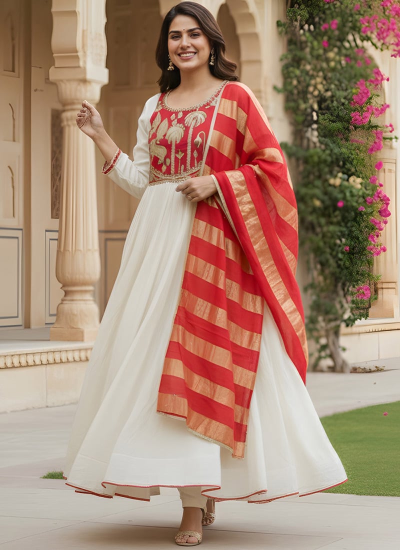 Off White Silk Embroidered Anarkali Suit Festive Wear