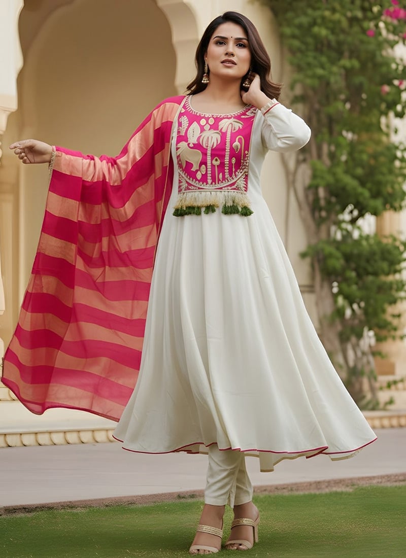 Off White Silk Embroidered Anarkali Suit Festive Wear