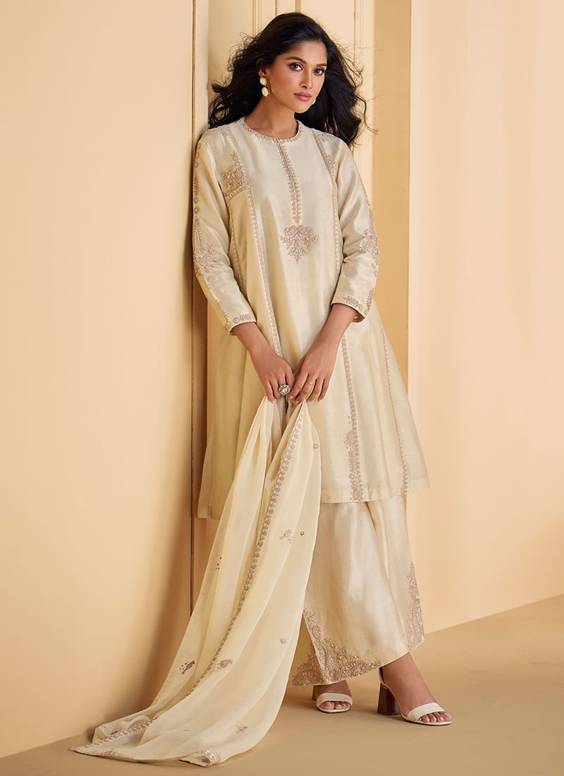 Off White Silk Embroidered Beads Embossed Classy Palazzo Suit