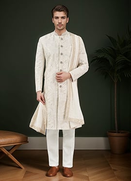 Off White Silk Embroidered Classic Sherwani