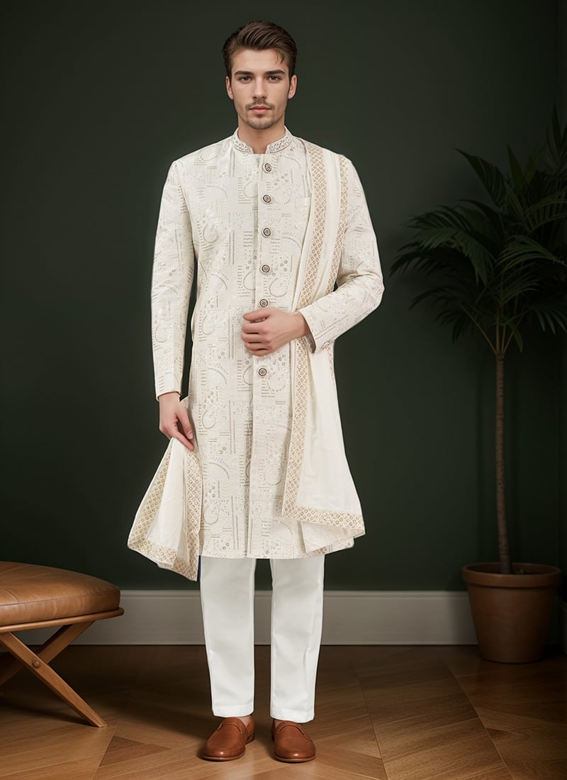 Off White Silk Embroidered Classic Sherwani Wedding Wear