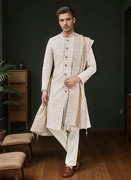 Off White Silk Embroidered Classic Sherwani