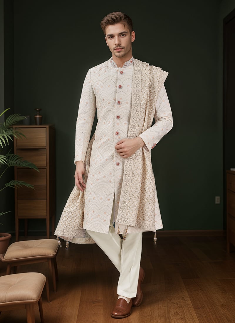 Off White Silk Embroidered Classic Sherwani Wedding Wear