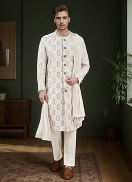 Off White Silk Embroidered Classic Sherwani